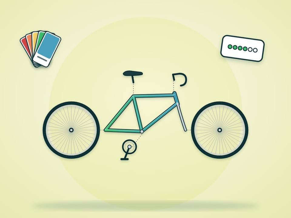 Componentes de bicicleta: rueda, manubrio, sillín y plato